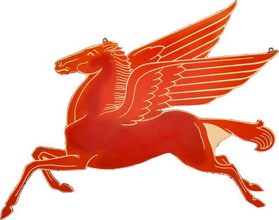 Mobiloil Die Cut Single Sided Porcelain Pegasus Sign: 24" x 33", SSP (single sided porcelain) die cut sign has good color and gloss. The sign has been trimmed from a larger DSP (double sided porcelain) Mobil sign. The field exhibits wear with repaint in