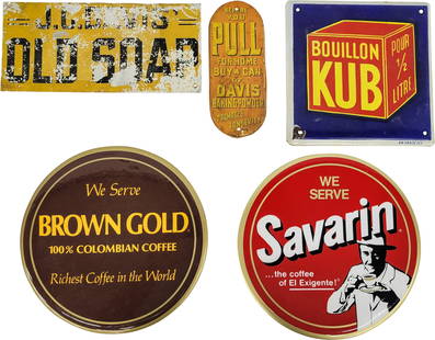 Misc. Advertising Sign Lot: This lot consists of 5 advertising signs, featuring two 9" celluloid signs: Brown Gold and Savarin, both in excellent condition. Additionally, there is a SST (single sided tin) Davis Baking Powder pal