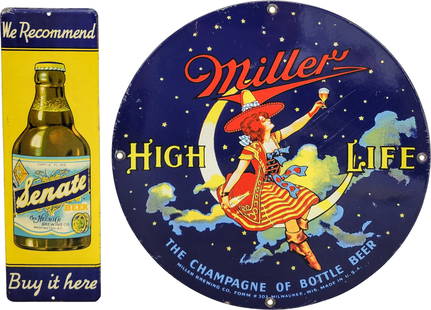 Group of Two Senate Beer Single Sided Tin Door Push & Miller Single Sided Porcelain Sign: 11" x 3.5", Group of two includes a Senate Beer SST (single sided tin) door push sign and AGE UNKNOWN Miller High Life 11" SSP (single sided porcelain) sign. The Senate Beer has light wear in the fiel