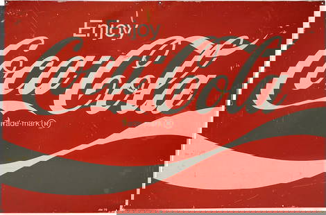 Enjoy Coca Cola Single Sided Tin Sign: 36" x 1.25" x 24" Enjoy Coca Cola SST (single sided tin) sign exhibits general wear throughout with scratches and paint spatter in the field. The outer framed edge has been painted white. AM 79.