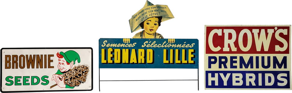 Brownie Seeds, Crow's Hybrids and Leonard Lille Signs: This lot consists of three signs, including a 16" x 8" SST (single sided tin) Brownie Seeds sign that shows excellent color and shine, a 16.25" x 12" SST (single sided tin) sign that shows some toning