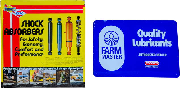 Conoco Farm Master and Sunoco DX Signs: This lot consists of two signs: a 24" x 16" Conoco Farm Master SST (single sided tin) sign featuring vibrant colors, a glossy finish, and minor scuffs. Additionally, there is a 20.75" x 22" Sunoco DX