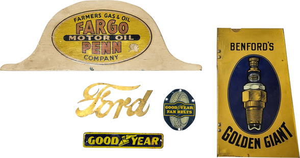 Ford, Goodyear, Benford, and Fargo Signs: This lot of 5 features an 8" x 3.75" Ford emblem, a 4.25" x 3.25" SST (single sided tin) Goodyear Fan Belts sign, and an 8" x 1.5" reproduction porcelain Goodyear sign. Additionally, it includes a woo