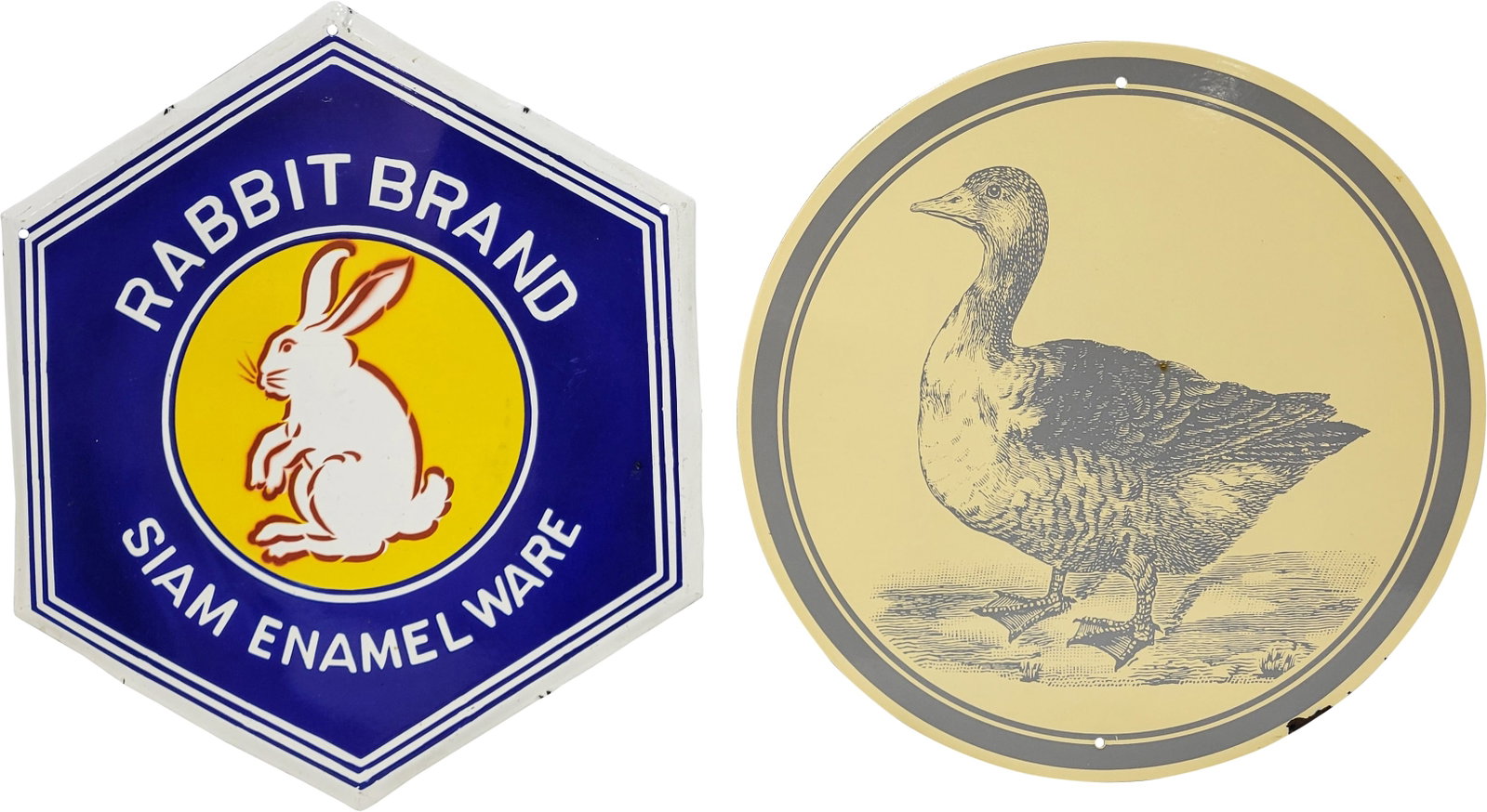 Rabbit Brand and Goose Porcelain Signs: This lot consists of two signs: a 19" x 17" Rabbit Brand SSP (single sided porcelain) sign and an 18" diameter SSP (single sided porcelain) sign featuring a goose image. Both signs exhibit good colors