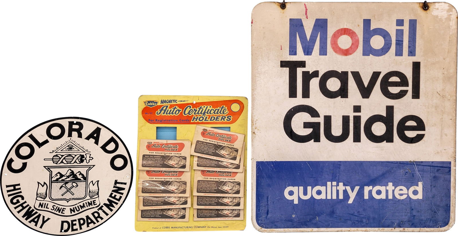 Group of 3 Mobil Travel Guide Colorado Highway Dept Signs & Cobbs Auto Display (1 of 3)