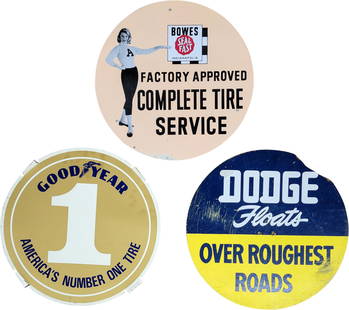 Group of Three Tire Insert Advertising Signs Bowes Good Year Dodge: 15.75" D., Group of three tire insert signs includes two SST (single sided tin) signs and a Masonite Dodge sign. The Bowes and Good Year signs have excellent color and shine. The field have light wear