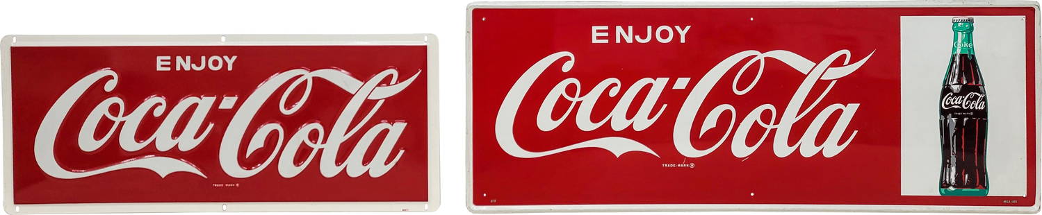 Group of Two Emb. Single Sided Tin Coca Cola Signs: 12" x 32", Group of two Coke SST (single sided tin) embossed self-framed signs. The Enjoy Coke sign is very clean overall with a few small scratches in the lower field. The outer fields and perimeter