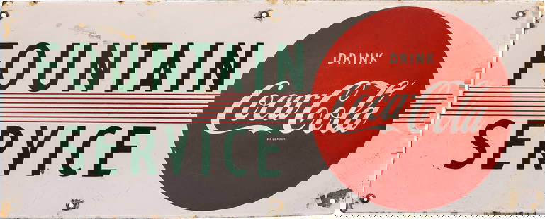 Fountain Service Drink Coca Cola Single Sided Porcelain Sign: 11.75" x 29.5", SSP (single sided porcelain) sign has good color and gloss. The field has general wear with scratches, chips and areas of discoloration. The perimeter has additional wear and five of t