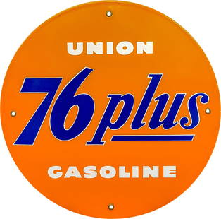 Union 76 Plus Gasoline Single Sided Porcelain Pump Plate Sign: 11.5" D., SSP (single sided porcelain) pump plate sign has excellent color and gloss. The sign is exceptionally clean with faint paper marks throughout, minor surface imperfections in the "S" of Plus