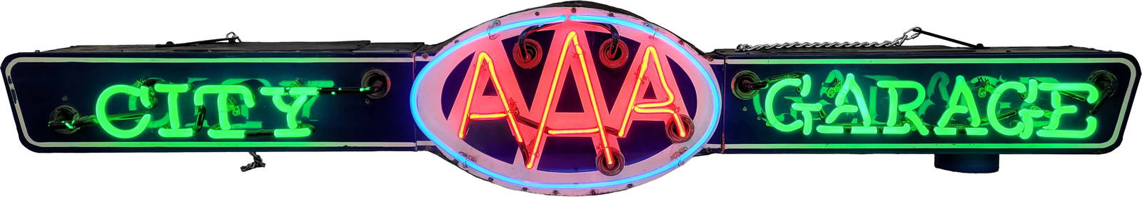 AAA Triple A City Garage Factory Single Sided Porcelain Neon Sign: 14" x 80" x 9", SSP (single sided porcelain) factory neon sign with metal can has excellent color and gloss. The sign features three-color neon with a unique die cut shape. The field is very clean ove