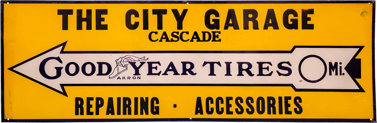 Good Year Tires "The City Garage" Cascade Single Sided Tin Sign w/ Wingfoot & Arrow (1 of 2)