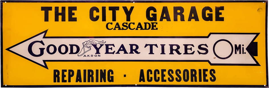 Good Year Tires "The City Garage" Cascade Single Sided Tin Sign w/ Wingfoot & Arrow: 11.75" x 35.25", SST (single sided tin) sign has excellent color and shine. The field exhibits light wear with small raised areas of discoloration. The perimeter has minor wear with a small corner ben