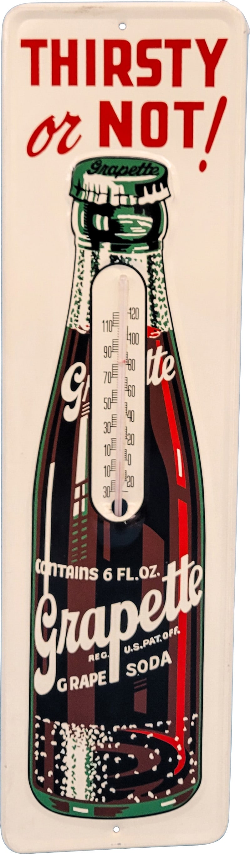 Thirsty or Not! Grapette Grape Soda Single Sided Tin Thermometer w/ Bottle (1 of 2)