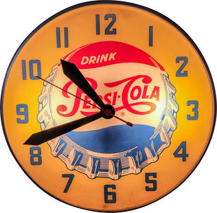 Drink Pepsi Cola Advertising Clock: 15" working illuminated Pepsi clock features a glass face and metal housing. The clock displays well with Pepsi bottle cap graphics. The metal can has typical signs of wear.