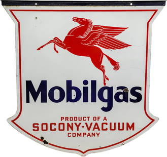 1932 Mobilgas 48" Double Sided Porcelain Die Cut ID Sign w/ Pegasus: 48" x 48", DSP (double sided porcelain) die cut sign has outstanding color and gloss. Side #1 has minor surface imperfections with two small chips in the lettering. The perimeter has a quarter-sized c