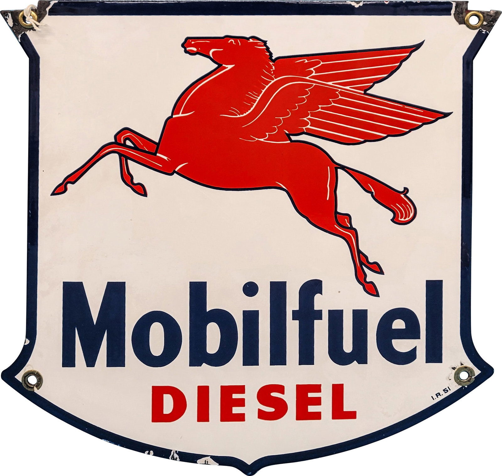 Mobilfuel Diesel Single Sided Porcelain Gas Pump Plate Sign w/ Pegasus: 12" x 12.5", SSP (single sided porcelain) pump plate sign has excellent color and gloss. The field is clean. The perimeter has chips at the mount holes and edges with areas of metal loss on the upper