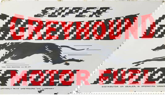 Super Greyhound Motor Fuel Double Sided Porcelain ID Sign: 34" x 58", DSP (double sided porcelain) sign has very good color and gloss. Side #1 has areas of light surface wear with a chip below the dog graphic and areas of discoloration in the white porcelain