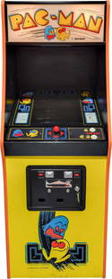 Midway Bally Pac Man Coin Op Arcade Game: 1980 coin-operated Pac Man video arcade game, measuring 24.75" x 68.5" x 33", is in excellent condition, with only minor scratches on the exterior wood cabinet and front console. The game is configure