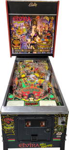1989 Bally Midway Elvira And The Party Monsters Pinball Machine: The game is themed around Elvira, Mistress of the Dark, and her "Party Monsters" and features 2 flippers, 3 bumpers, 2 slingshots, a 3-bank drop target, 2 flip-up targets, 2 ramps, and 3-ball multibal