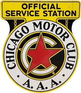 Chicago Motor Club Official Service Station Double Sided Porcelain Sign: 43.5" x 36", DSP (double sided porcelain) die cut sign has excellent color and gloss. The display has two tiny flea bites in the fields with light wear in the outer fields. The perimeter has areas of