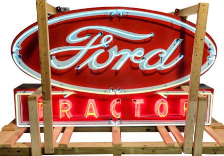 8ft Double Sided Porcelain Ford Tractor Neon Sign: 96" x 58" x 15", DSP (double sided porcelain) sign with two-color neon has excellent color and gloss on each side. Both sides exhibit repaint to the red and white enamel with added clear coat for a hi