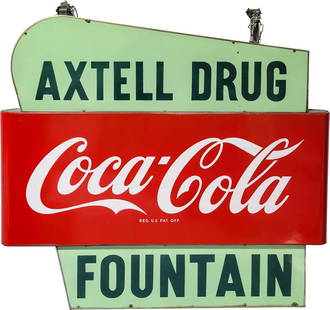 Coca Cola Fountain Axtell Drug 5' Double Sided Porcelain Sign: 56" x 60" x 5.25", DSP (double sided porcelain) multi-piece sign has excellent color and gloss. Side #1 has tiny flea bites in the left field with a small chip above the "U" in Drug. The perimeter has