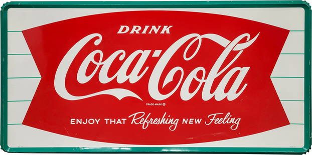 Drink Coca Cola "Enjoy that Refreshing New Feeling" 6' Single Sided Tin Sign: 36" x 72", SST (single sided tin) self-framed sign has excellent color and shine. The field presents with light wear and fine scratches. The perimeter has additional fine scratches along the lower edg