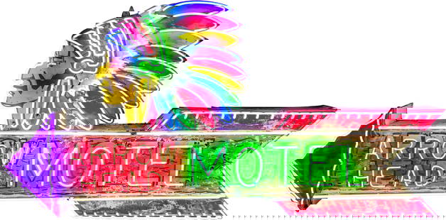 Impressive Arrow Head Motel 8 Color Tin Die Cut Factory Neon Sign w/ Arrow & Native American Indian: 59" x 122"(10ft) x 13", SST (single sided tin) die cut factory neon sign with metal can has good color. The sign features eye-catching 8-color neon with exceptional graphics of a Native American india