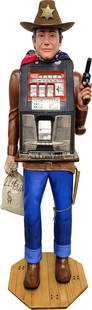 Mills 25 Cent One Arm Bandit Figural Slot Machine: 23" x 74" x 21.5" Mills 25 cent black beauty slot machine in excellent working condition showcasing a life size figural cowboy bandit with a hat, Marshal badge, bandanas, a bag of fake money, and a ho