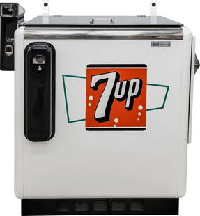 Restored Ideal Embossed 7Up Cooler: This 36" x 43.5" x 20" restored 7Up Ideal Model A-55 cooler is in outstanding working condition. It showcases an embossed 7Up logo on the front, a functioning coin-operated mechanism, a cap catcher, b