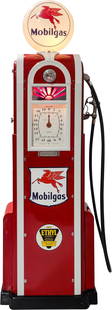 Wayne Model #60 Clock Face Gas Pump Restored Mobilgas: 93" T., Wayne Model #60 gas pump has been professionally restored. The pump features a vibrant red and white painted surface with high gloss throughout. The painted surface has areas of minor wear pre