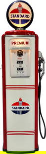 Tokheim Computing Gas Pump Restored Standard Gasoline: 93" T, Tokheim Model #39 computing gas pump has been professionally restored. The pump features bright red and white paint with high gloss. The paint has a few minor imperfections in the fields and al