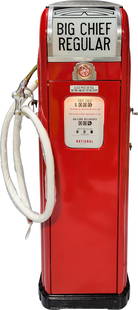 National A-38 Computing Gas Pump Restored Big Chief Regular Gasoline: 72" T, National A-38 computing gas pump has been professionally restored. The pump features vibrant red paint with excellent gloss. The paint has small imperfections and some of the chrome and aluminu