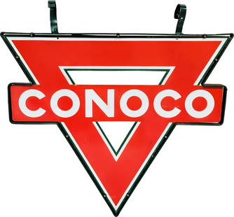 Conoco Gasoline 4' Double Sided Porcelain Die Cut Sign w/ Frame: 40.5" x 47", DSP (double sided porcelain) sign with frame and hangers has very good color and gloss. The display has areas of partial restoration with clear coat to enhance the finish. The field has m