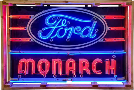 Ford Monarch Single Sided Porcelain Neon Sign w/ Logo: 49" x 77" x 8", Age Unknown SST (single sided tin) sign with added neon and metal can has excellent color and shine. The field exhibits minor surface imperfections with a handful of unused stand suppo
