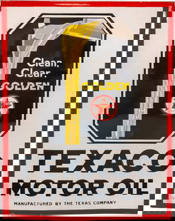 Amazing Texaco Motor Oil "Clean Clear Golden" Double Sided Porcelain Flange Sign: 23" x 17.75", DSP (double sided porcelain) flange has day one color and gloss. Side #1 has a clean field with small chips and minor crazing along the outer edges. The reverse is very similar to the di