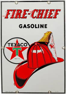 1941 Texaco Fire Chief Gasoline Single Sided Porcelain Pump Plate Sign "Baby": 12" x 8", SSP (single sided porcelain) pump plate sign has day one color and gloss. The sign is in exceptional overall condition with a clean field and perimeter. The surface has a few minor imperfect