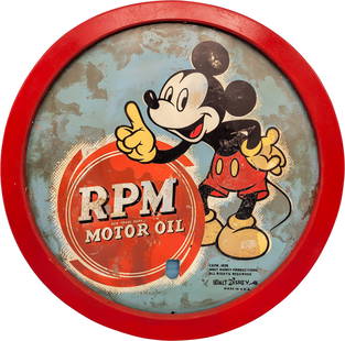 RPM Motor Oil Disney Mickey Mouse Single Sided Tin Taxi Sign: 26.5" D., SST (single sided tin) sign has moderate color and shine. The sign features a large graphic of Mickey Mouse in the center field. The sign shows general wear throughout, with a cut out in the