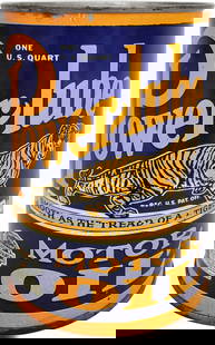 Amazing Powerlube Motor Oil 1 Quart Metal Can "Smooth as the Tread of a Tiger": 5.5", One quart empty metal can has been drained from the top. The can features a large Powerlube tiger graphic with excellent color and shine. The display has minor imperfections in the outer fields,