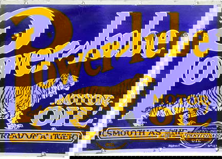 Powerlube Motor Oil "Smooth as the Tread of a Tiger" Double Sided Porcelain Sign: 20" x 28", DSP (double sided porcelain) sign has good color and gloss. The display has light surface wear with chips and two non-factory holes in the fields. The perimeter has chips along the outer ed