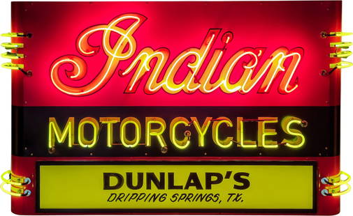 Indian Motorcycles 7' Single Sided Tin Neon Sign "Dunlap's Dripping Springs, TX": 51" x 85" x 10", Modern SST (single sided tin) neon sign with lighted "Dunlap's Dripping Springs, TX" advertising panel and metal can has day one color and shine. The sign features a classic Indian Mo