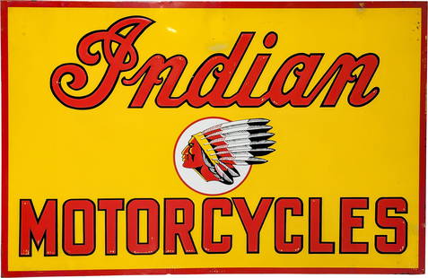 Indian Motorcycles 5' Emb. Single Sided Tin Sign w/ Logo: 38.5" x 58.5", AGE UNKNOWN SST (single sided tin) embossed sign with wooden support frame has excellent color and shine. The field has paint chips to the lettering with areas of discoloration and ligh