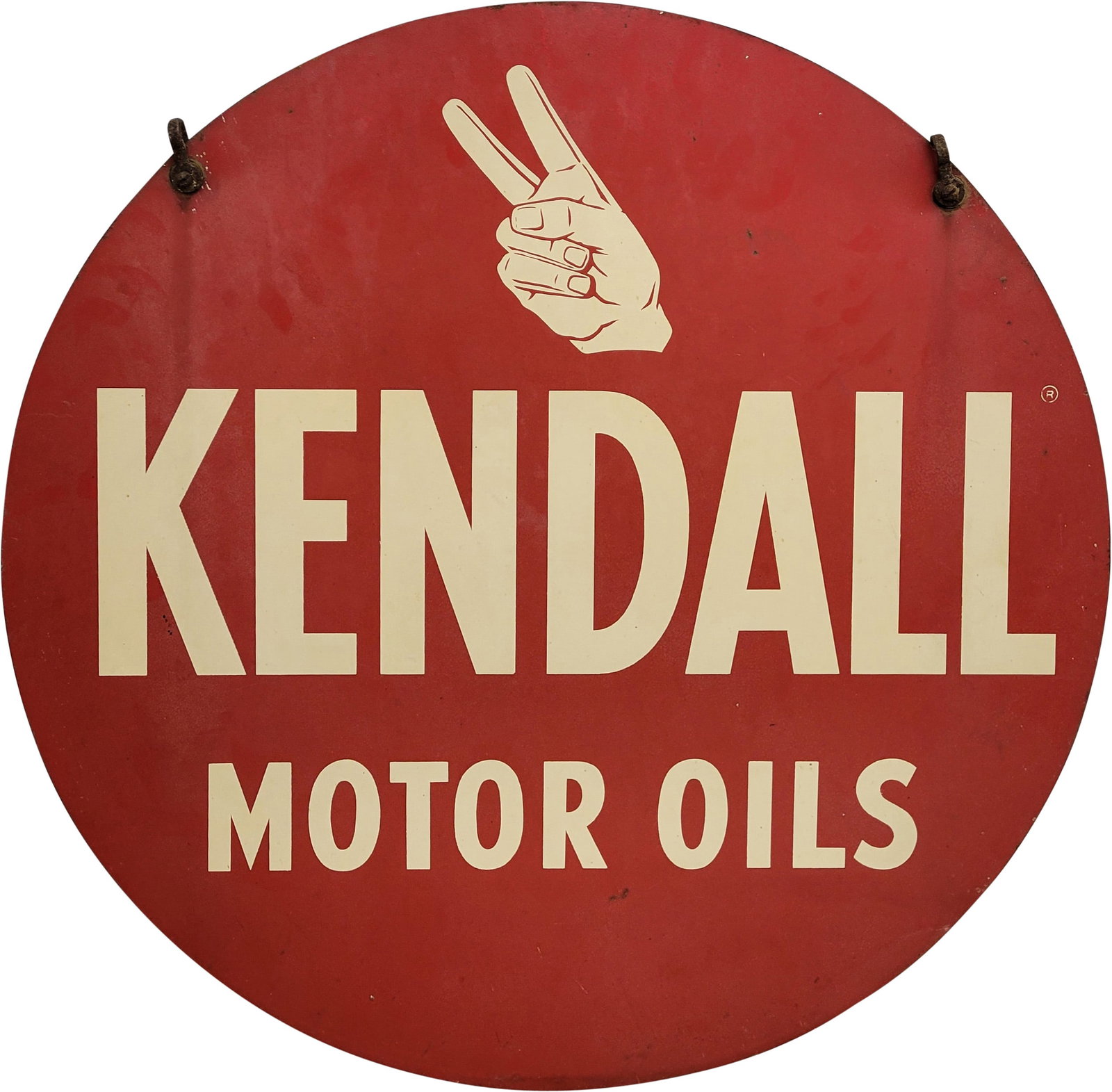 Kendall Motor Oils 24" Double Sided Tin Sign w/ Logo: 24" D., DST (double sided tin) sign has good color and moderate shine. The display has toning throughout with areas of discoloration to the red painted areas. The fields and perimeter have light surfa