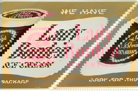Lady Borden Ice Cream Double Sided Tin Flange Sign: 24" x 16" DST (double sided tin) flange sign features the Lady Borden Ice Cream container in vivid color with good shine on one side. The reverse side has significant paint loss and surface rust prese