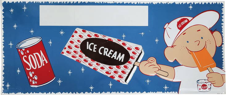 Soda Ice Cream Embossed Single Sided Tin Sign: 52" x 22" SST (single sided tin) embossed sign featuring colorful graphics is in overall good condition with minimal scuffs and scratches. The privilege panel has a few small spots of adhesive residue
