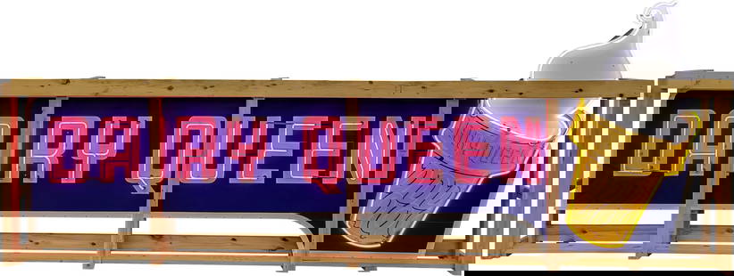 Dairy Queen 18' Single Sided Porcelain Factory Neon Sign w/ Ice Cream Cone: 83" x 219" x 9", SSP (single sided porcelain) die cut factory neon sign has outstanding color and gloss. The sign features three-color neon with pink neon lettering and a highlighted ice cream cone gr