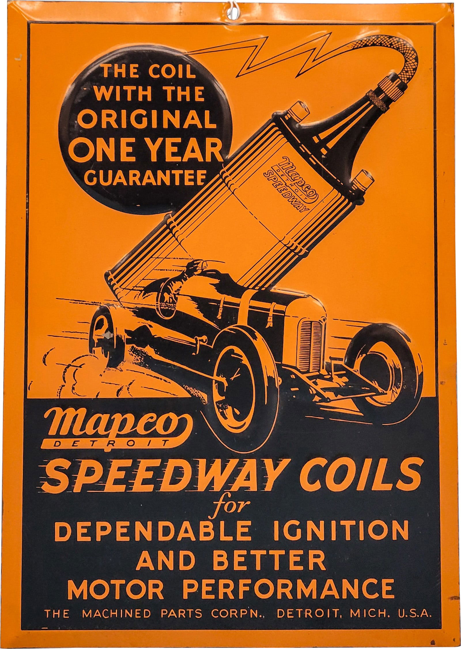 Mapco Speedway Coils Emb. Single Sided Tin sign w/ Early Race Car (1 of 2)