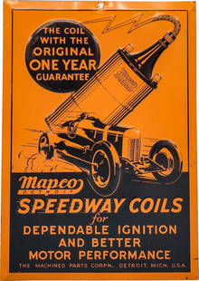 Mapco Speedway Coils Emb. Single Sided Tin sign w/ Early Race Car: 13" x 9", SST (single sided tin) embossed sign has excellent color and shine. The field is exceptionally clean with a tiny paint chip in the left field and minor imperfections in the outer fields. The
