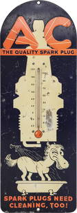 AC The Quality Spark Plug Thermometer: 7.5" x 21" embossed SST (single sided tin) working thermometer features the "Sparky" horse logo. The thermometer exhibits sign of general wear throughout including scratches and paint loss. There is a