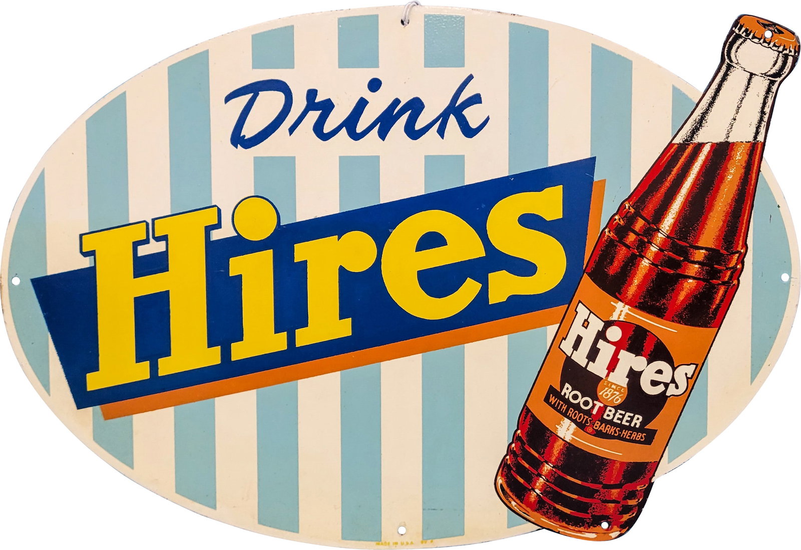 Drink Hires Die Cut Single Sided Tin Sign w/ Bottle: 8" x 12", SST (single sided tin) die cut sign has excellent color and shine. The sign is exceptionally clean overall with minor surface imperfections. Marked Made in U.S.A. Overall an amazing find wit